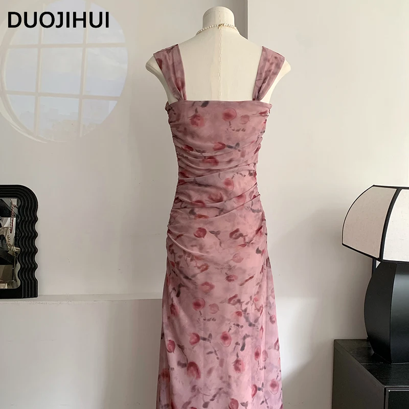 DUOJIHUI New Two Piece Pink Chicly Floral Female Dresses Sweet Loose Simple Elegant Fashion Slim Waist Zipper Casual Women Dress