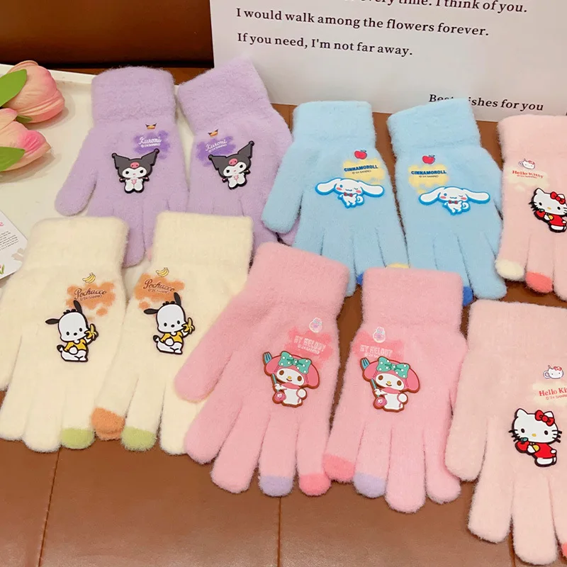 Kawaii Sanrio Kuromi Hello Kitty Gloves My Melody Cinnamoroll Winter Keep Warm Gloves Plush Thickened Mittens Girl Birthday Gift