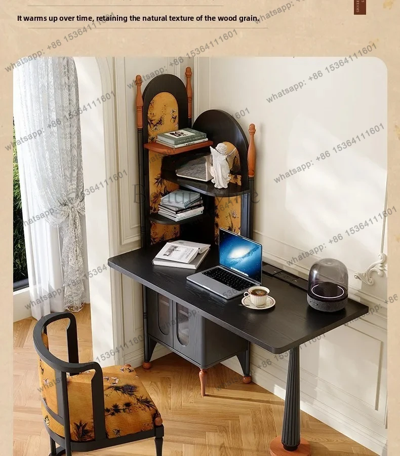 

Solid Wood Small Apartment Bedroom Retro Corner Desk Bookshelf Integrated Corner Computer Desk