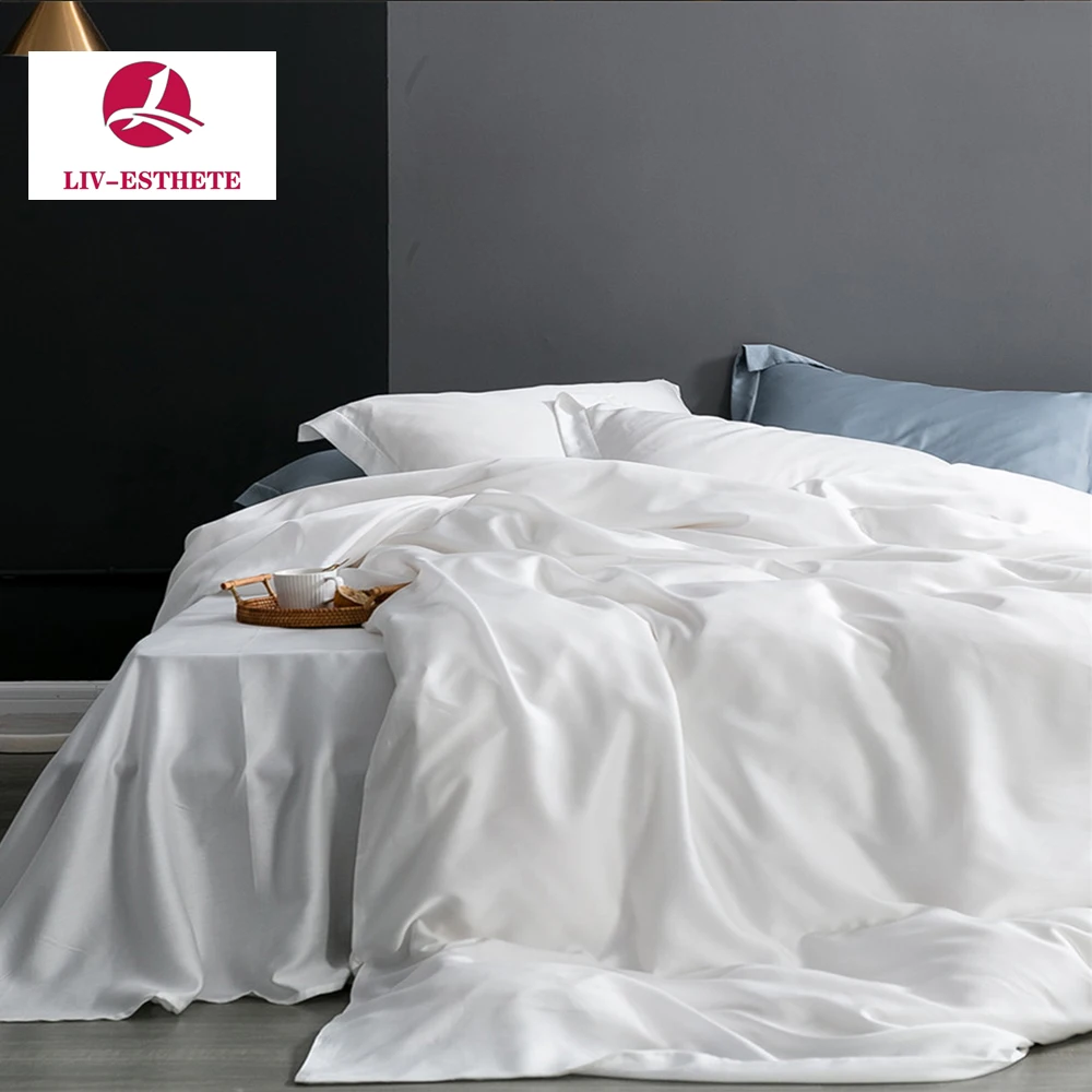 

Liv-Esthete Noble White Nature 100% Silk Bedding Double Queen King Duvet Cover Pillowcase Bed Flat Sheet Bedspread Bed Cover Set