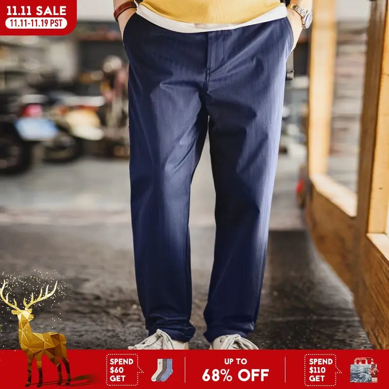 

Maden Blue Logger Pants Straight-Leg Elastic Waist Casual Pants Vintage Men‘s Herringbone Tapered Trousers for Autumn Commuting