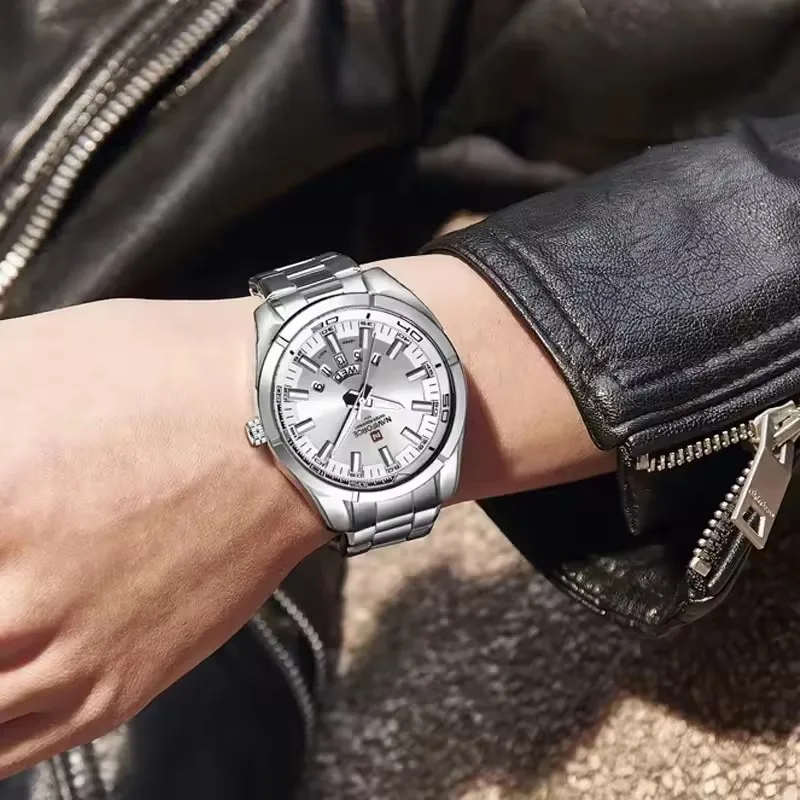 NAVIFORCE 9038, модные мужские кварцевые наручные часы с календарем недели, водостойкий ремешок из нержавеющей стали, элегантные деловые часы для мужчин