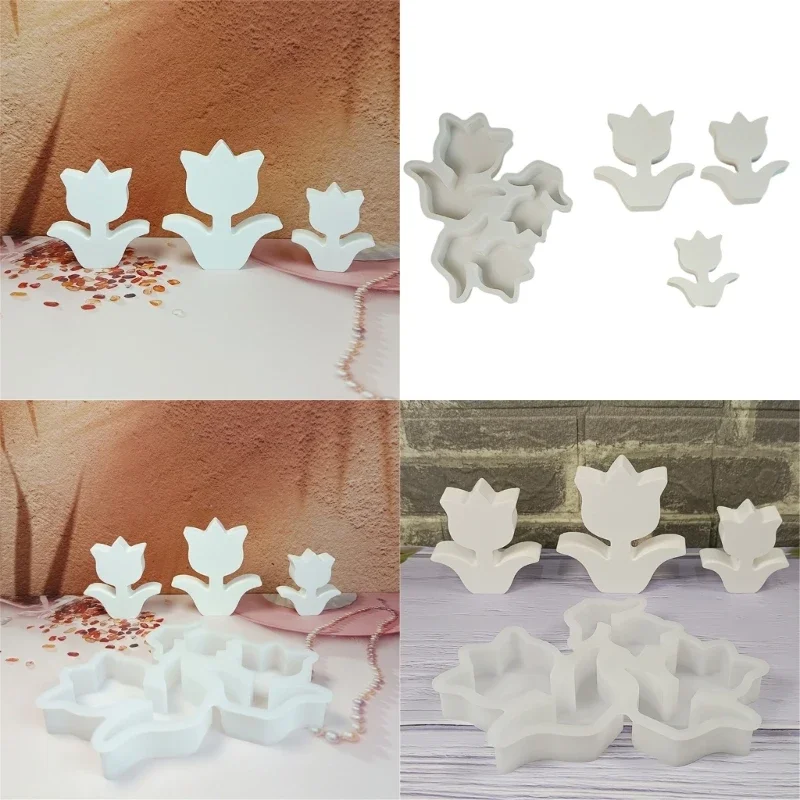

Lovely Tulips Silicones Mould Casting Mould Ornament Concrete Molds Craft Supplies for Home Flowers Decorations M4YD