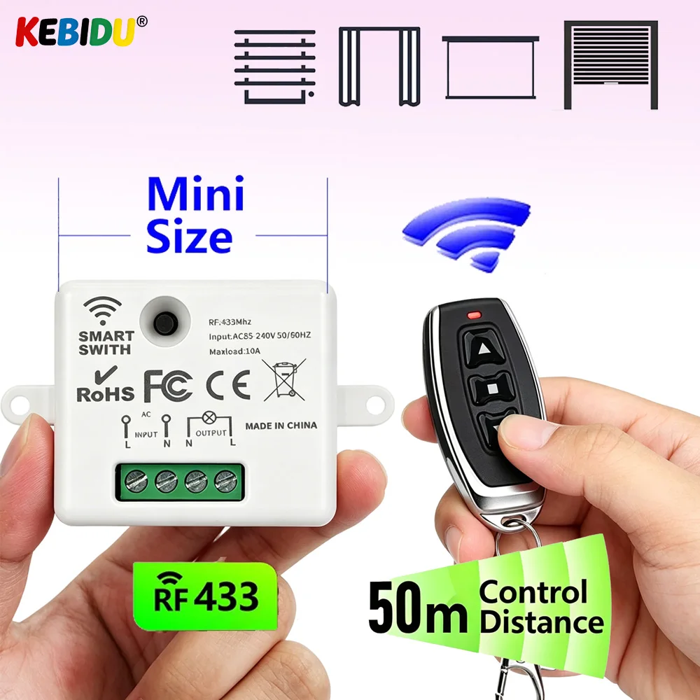 KEBIDU Mini Wireless Smart Light Switch with Remote Control RF 433 Mhz Relay Receiver AC 220V 110V Switch Module for LED Lights