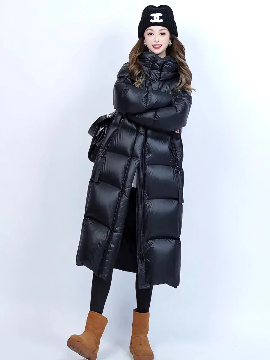 المرأة طويلة مقنعين البخاخ Jaet Bla Thi الدافئة الركبة طول معطف الشتاء عادية Sle ثلاثية الأبعاد تصميم ستيريو الأبيض Du أسفل ملء