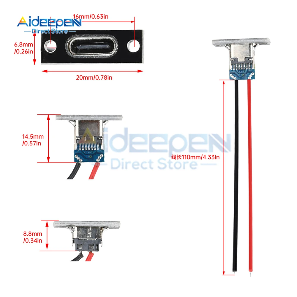 5 قطعة 2Pin USB موصل Type-C مقاوم للماء مع مقبس أنثى شحن سريع جاك شحن ميناء USB-C شاحن التوصيل المقبس