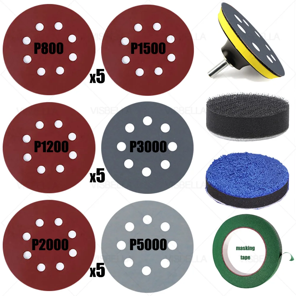 8 Hole 125mm Sanding Disc Hook Loop Sandpaper Pads For Metal Wood Polishing Kit 800/1200/1500/2000/3000/5000 #