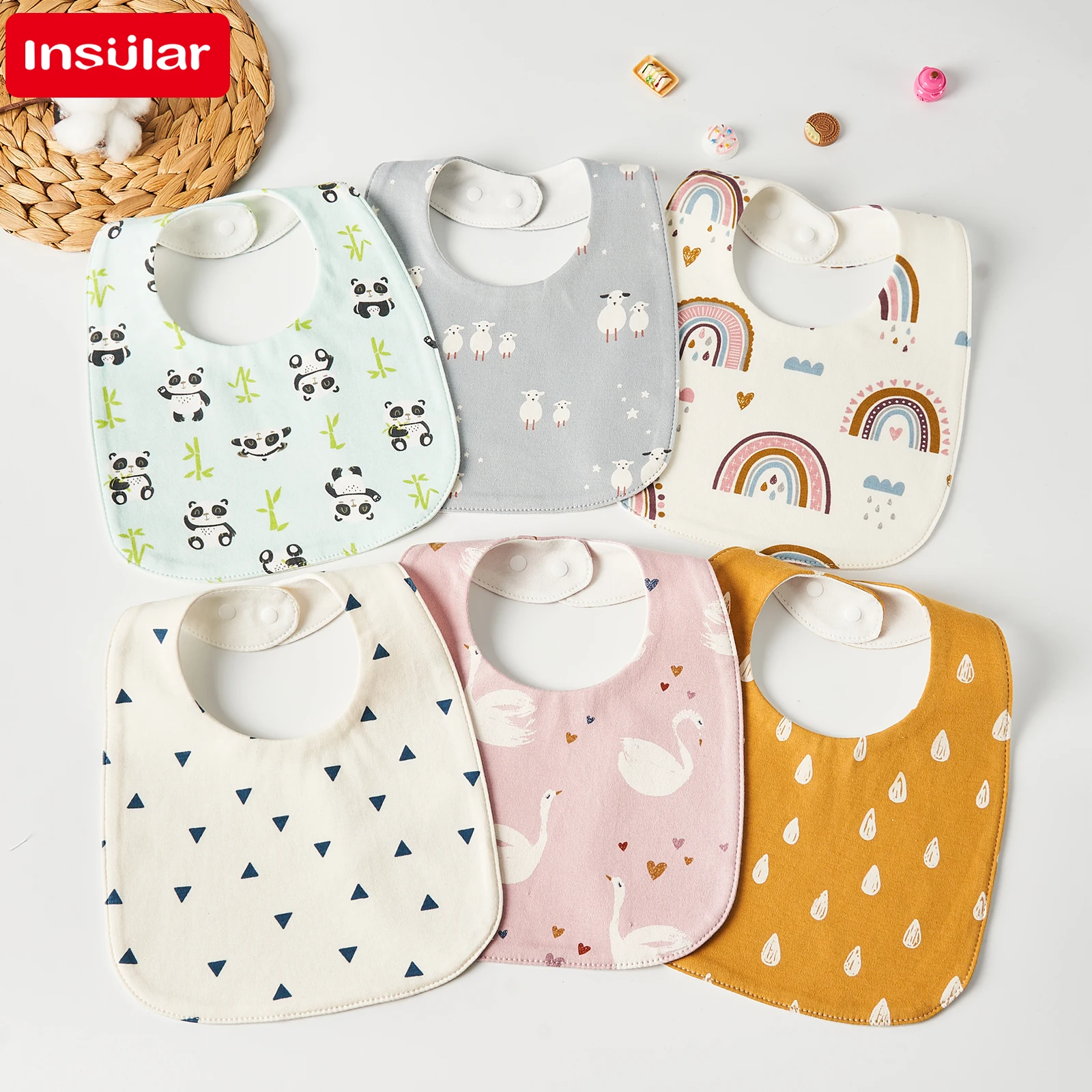 INSULAR Baby Bibs Feeding Scarf Adjustable Snap Saliva Towel Muslin Cotton Burp Cloths Animal Print Ruffled Edge Rainbow A Grade