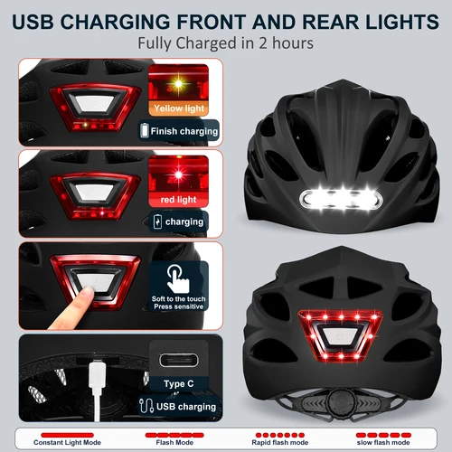 Imagen 2 del producto Casco de bicicleta Cascos de bicicleta para adultos para hombres/mujeres: luces delanteras y traseras LED recargables por USB para ciclismo monopatín urbano