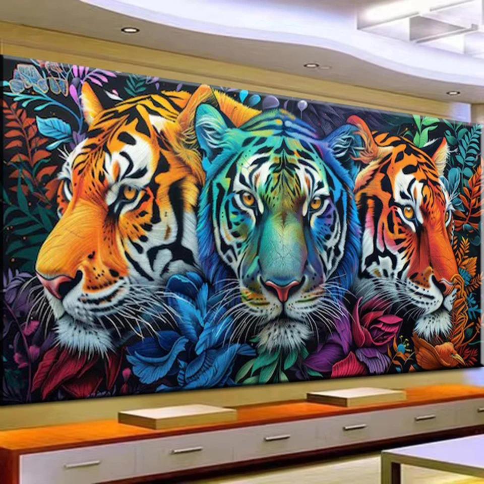 Fantasy Three Jungle Flowers Tiger DIY 5D Diy Diamond Painting Large Full Square/Round Mosaic Diamond Embroidery Sale