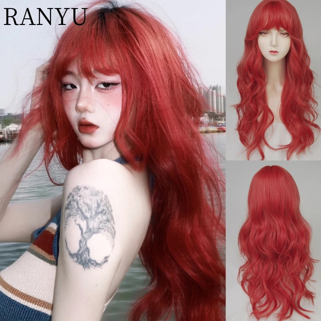 

RANYU Orange Long Curly Wave Synthetic Wig Women's Daily Party Cosplay Wig with Bangs Heat Resistant Wig