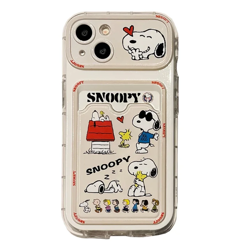 Cute Cartoon Peanut Snoopy Card Holder Pocket Phone Case For iPhone 16 15 14 13 12 11 Pro Max Cases Soft TPU Cover With Lanyard images - 6