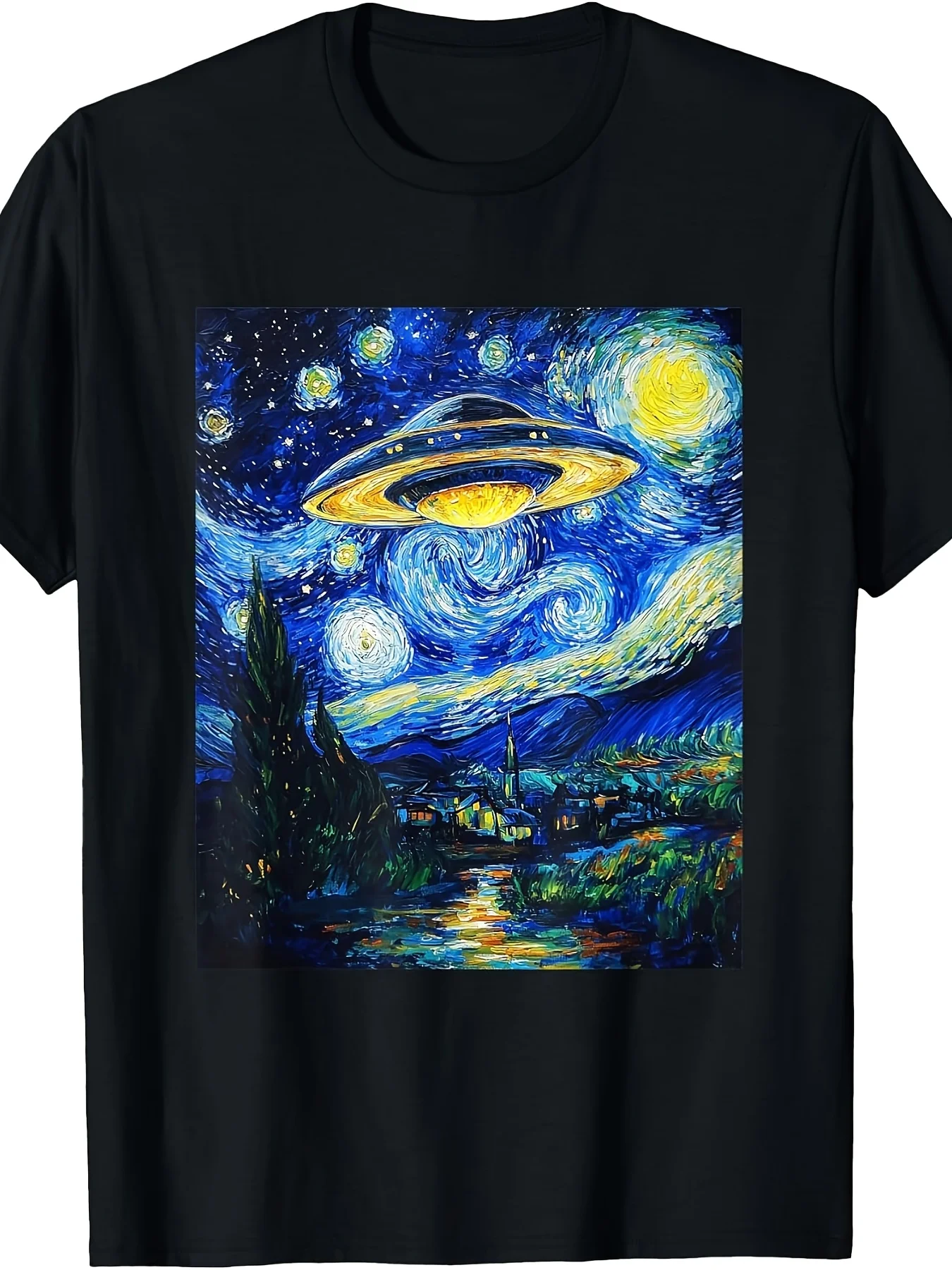 UFO Aliens Flying Saucer Van Gogh Style Starry Night Graphic TShirt1Retro Casual Short-sleeved T-shirt with a Round Neck and Printed Pattern Suitable for Daily Commuting and Outdoor Activities