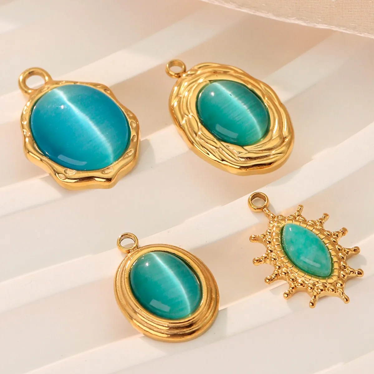Stainless Steel Blue Green Cat Eye Pendant, Western Style Textured Multiple Styles DIY Jewelry Accessory Single Charm
