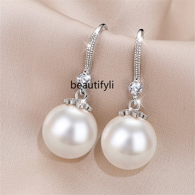 Fashion earrings women's 925 sterling silver tide high-end light luxury pearl earrings simple earrings