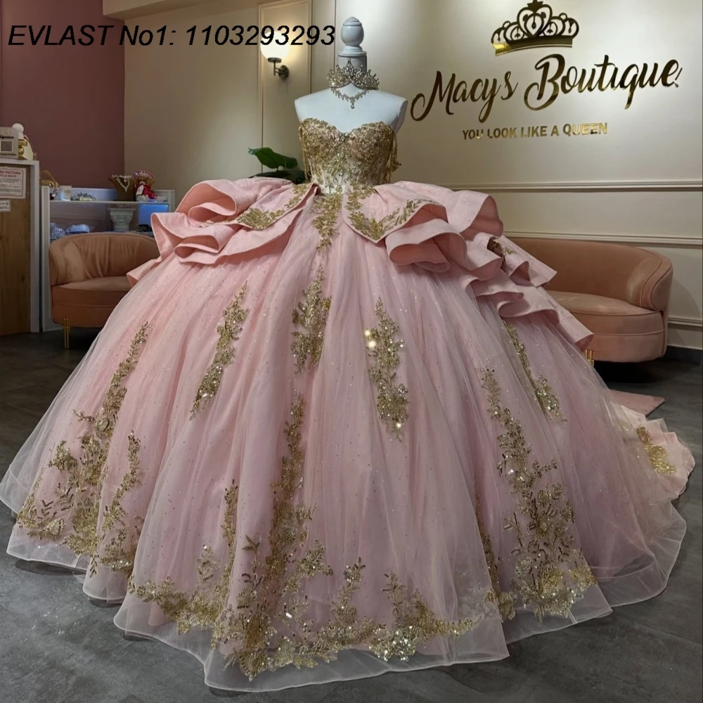 EVLAST Customized Shiny Pink Off Shoulder Quinceanera Dress Gold Lace Applique Beading Bow Sweet 16 Vestidos De 15 Anos E1QN397