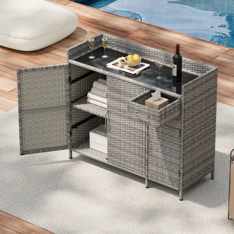 

47.5W Wicker Outdoor Storage Cabinet with Tempered Glass Desktop Weatherproof Rattan Bar Table with Three Doors Adjustable Shel