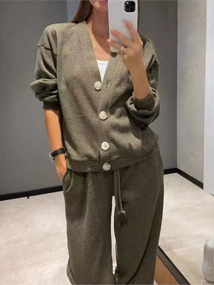 Autumn Winter Women\'s Set Fashion Single Breasted Casual Sports Suit Cardigan Top And Lace Up Pants Two-piece Sets Women