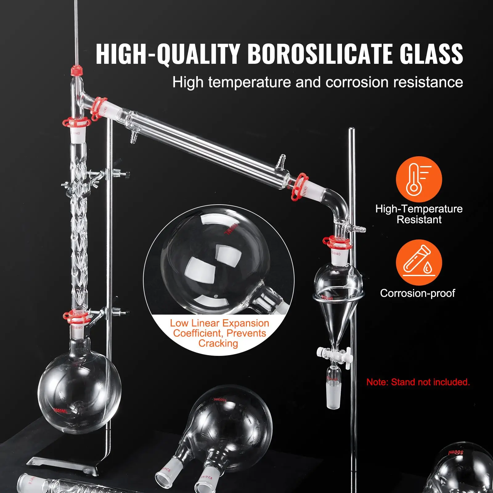 Lab Distillation Kit, 3.3 Boro Lab Glassware Distillation Kit with 24, 40 Joint, 1000Ml Essential Oil Distillation Apparatus - view 3