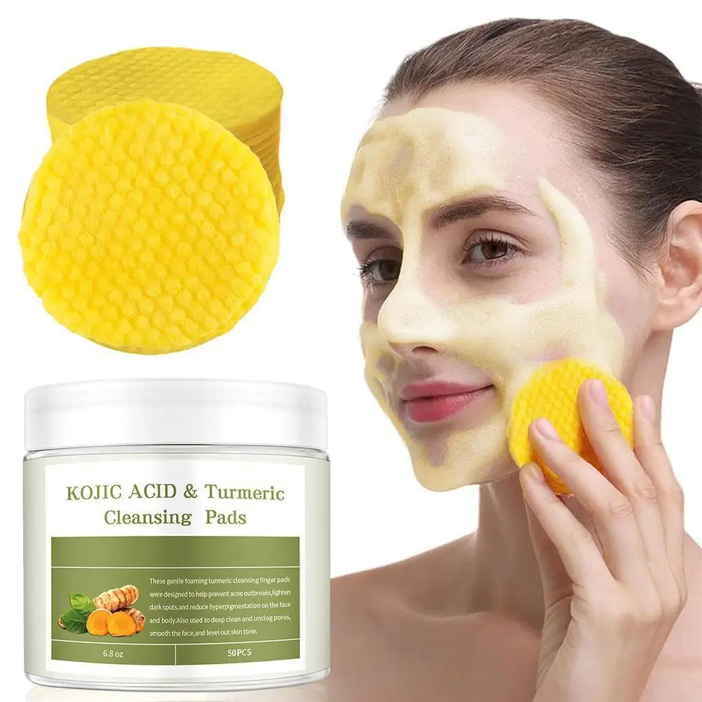 50pcs Turmeric Kojic Acid Facial Cleansing Pads Exfoliating Pads Sponges For Cleansing Exfoliating Daily Cleaning Skin Care