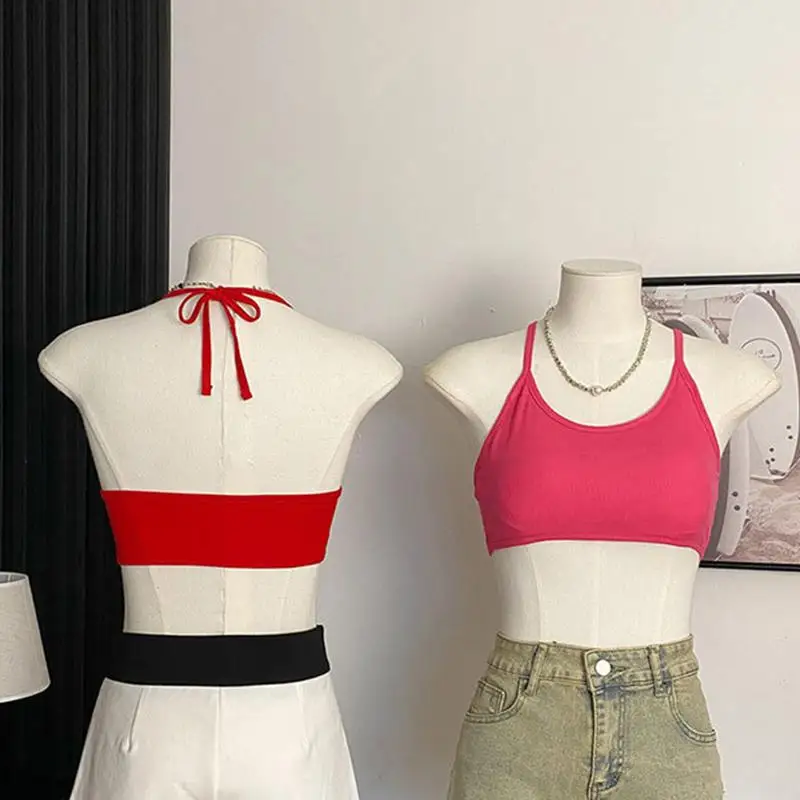 Ladies Sexy Halter Tank Top Slim Solid Short Vest With Pads For Sports Yoga Running Gym Fashionable Activewear