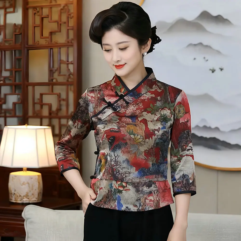 

Women Elegant Slim-Fit Cheongsam Blouse Luxe Brocade with Auspicious Prints & Side Frog Closures Tops Slim Fit Chic Clothes 2025