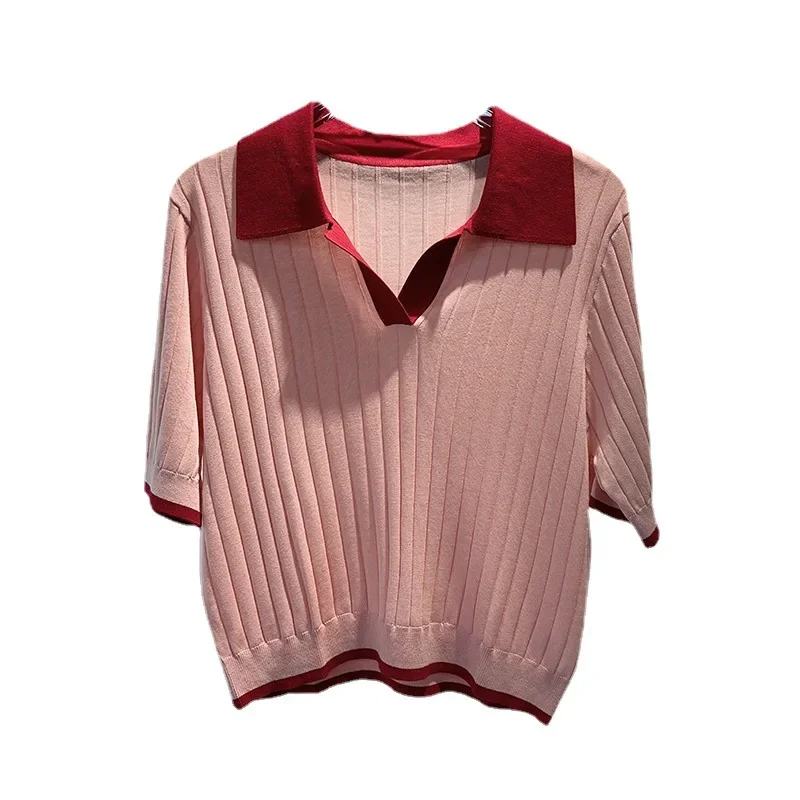 J022   polo flip  V-neck mid-sleeve knit pullover T-shirt for women