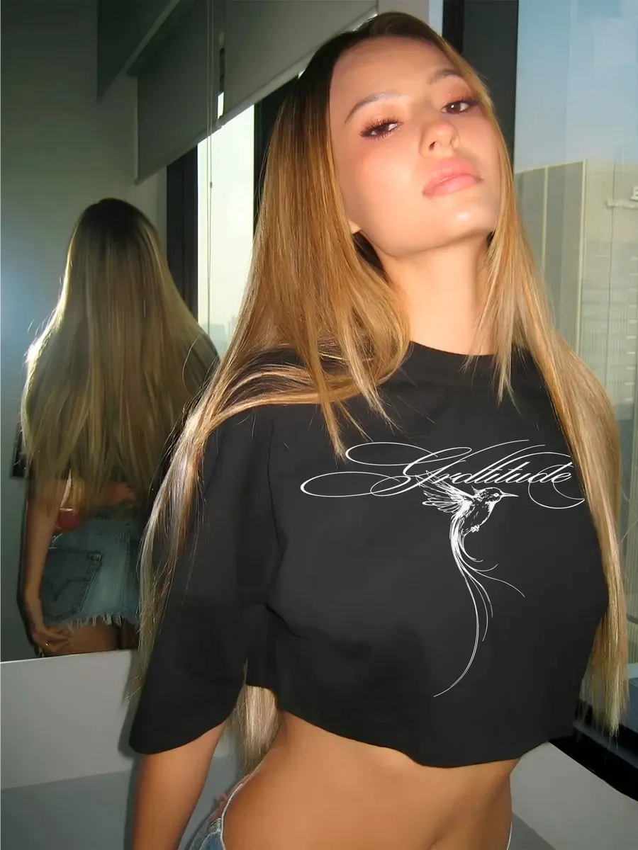 Women Black Cropped T‑Shirt Hummingbird Cursive Letter Print Short Sleeve O‑Neck Loose Streetwear Casual Ladies Crop Top