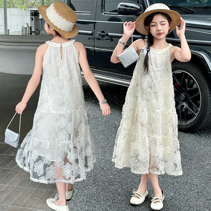 sweet junior girl Lace Flower Sleeveless long Dress white flower teen kid girl dresses vestido longo infantil menina 12 a 14anos