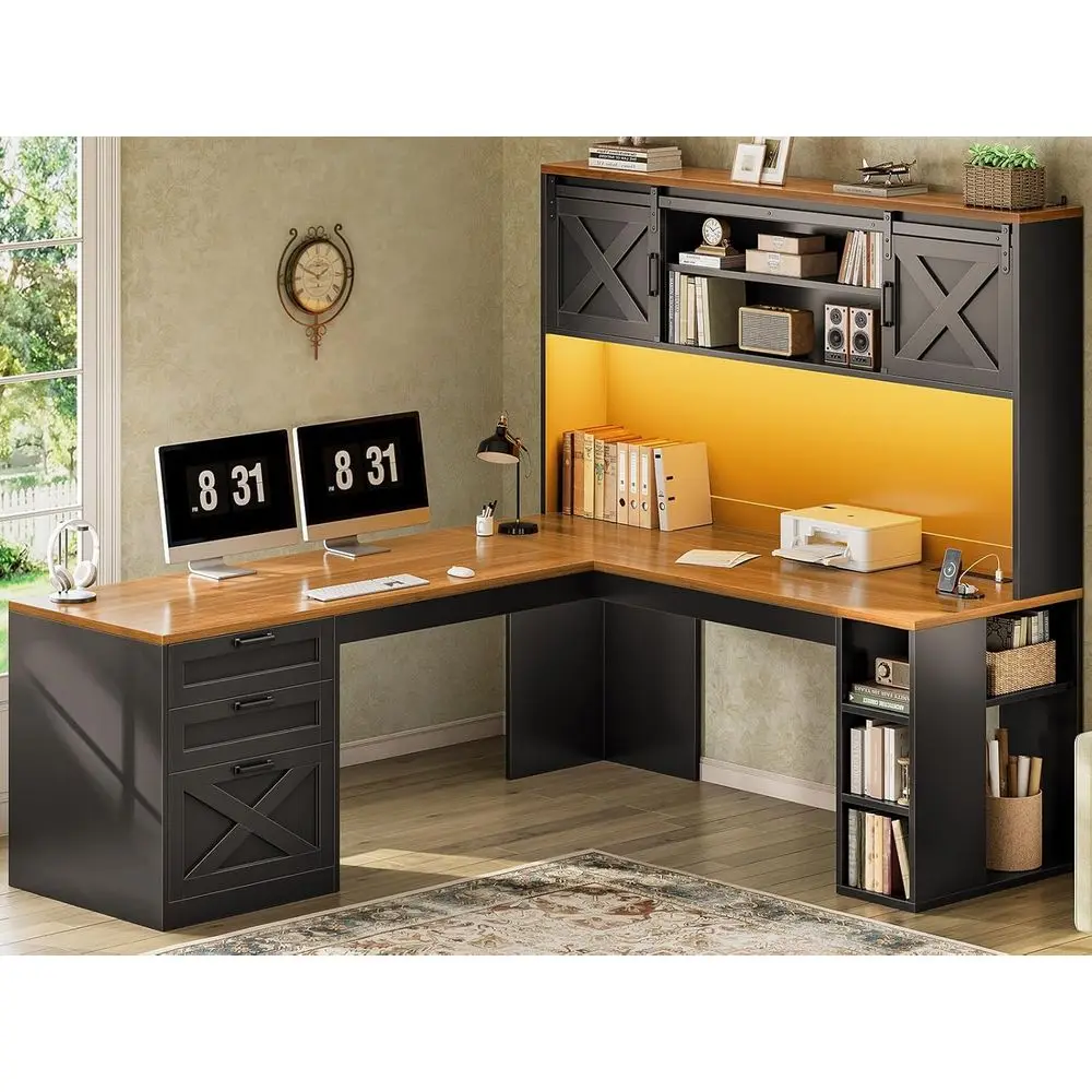 

L-Shaped 67 Computer Desk with Storage, Hutch, LED Lights, and Power Outlets, Black
