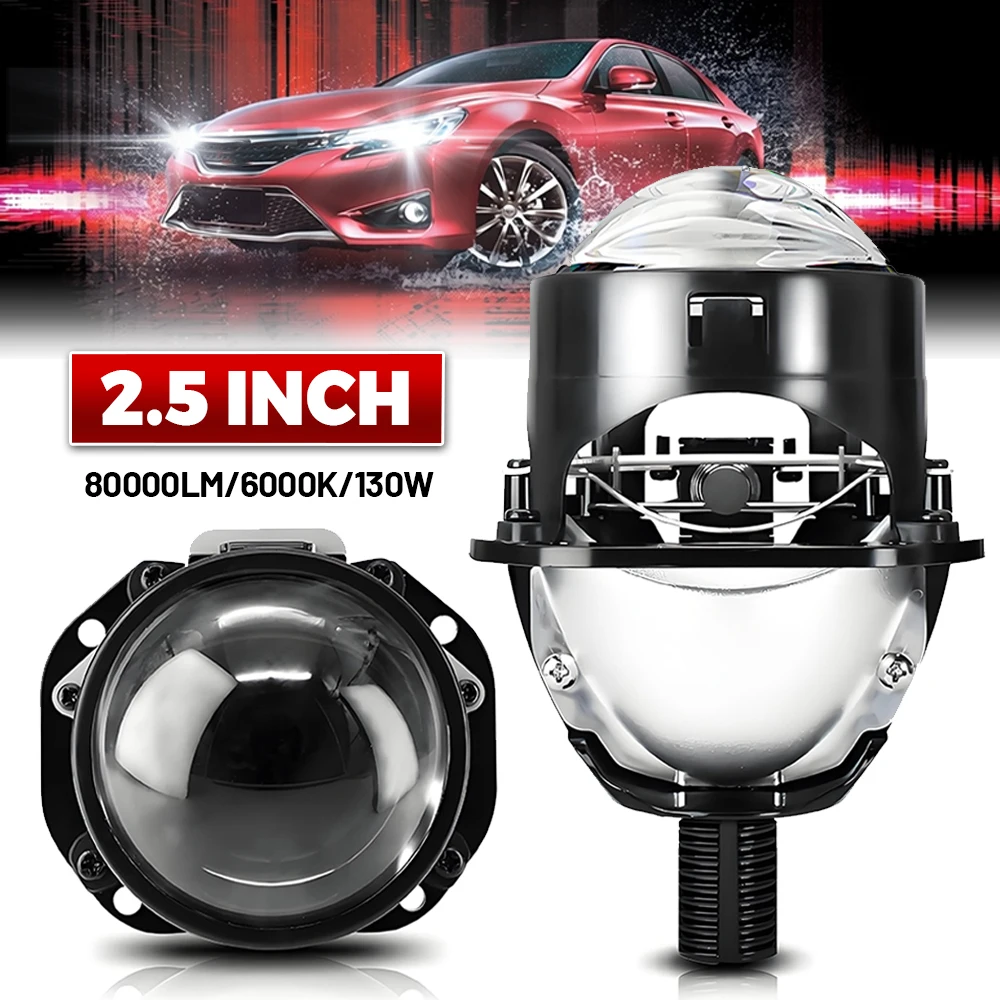 2.5 Inch 130W LED Halo Angel Eyes Projector Lens High Low Beam Bi LED Lights for H4 H7 9005 HB3 9006 HB4 Car Headlights Retrofit