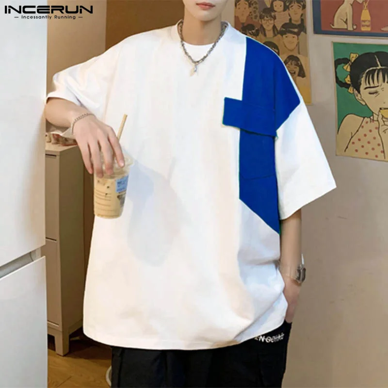 INCERUN Men T Shirt Patchwork O-neck Short Sleeve Loose Korean Style Men Clothing Streetwear 2024 Summer Fashion Casual Tee Tops