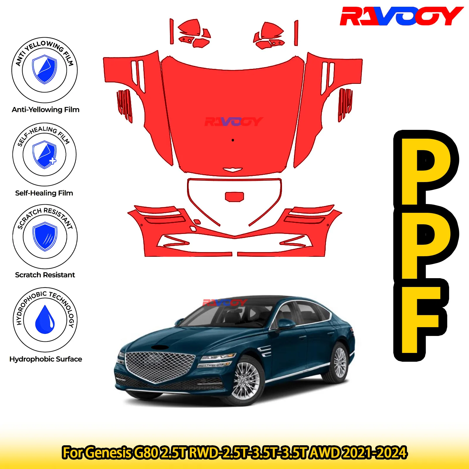 

For Genesis G80 2.5T RWD-2.5T-3.5T-3.5T AWD 2021-2024 Glossy Matte Black Precut front PPF Kit Paint Protection Film