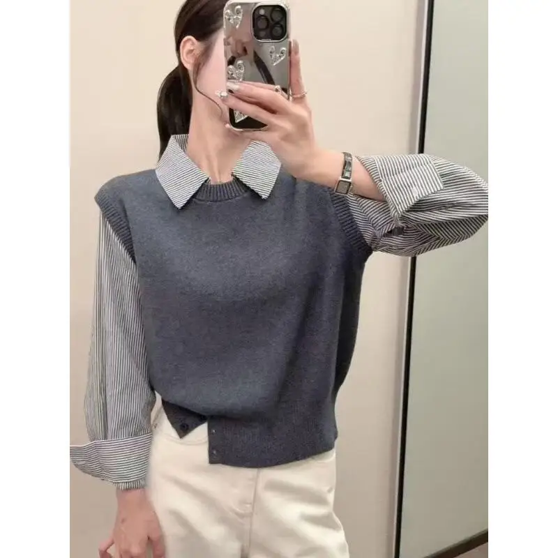 

Women's Clothing Shirt Splice False Two-Piece Hood Knitwear Autumn and Winter New Knit Sweater Vest Fashion