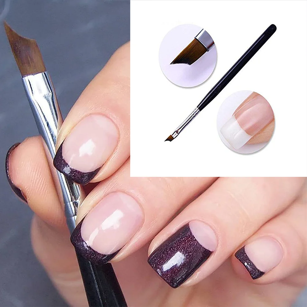 1Pc French Nail Brush 16CM Crescent Oblique French Tip Brush Silver Black Handle French Painting Drawing Tools Nail Art Supplies