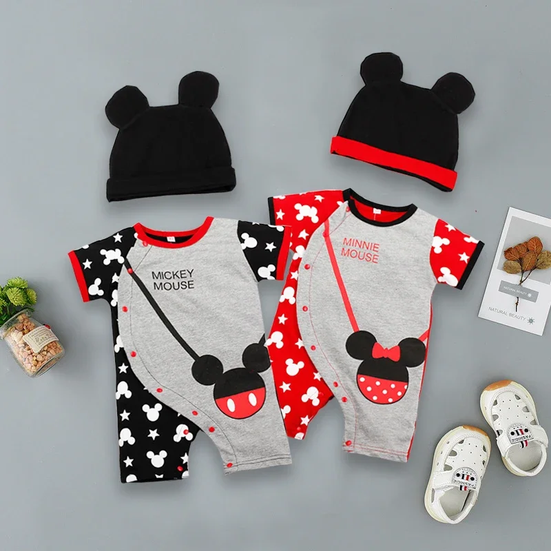 Spring Baby Rompers+Hat 2pcs Set Cartoon Mickey Minnie Boys Girl Jumpsuit Infant Costumes Newborn Baby Clothes Lovely Baby Suits