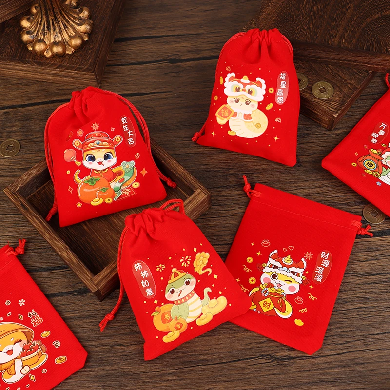 2025 Year Of The Snake Velvet Bags Red Gift Bag Small Candy Gift Bag Drawstring Pouch Xmas Favor Bracelet Jewelry Packaging Bags