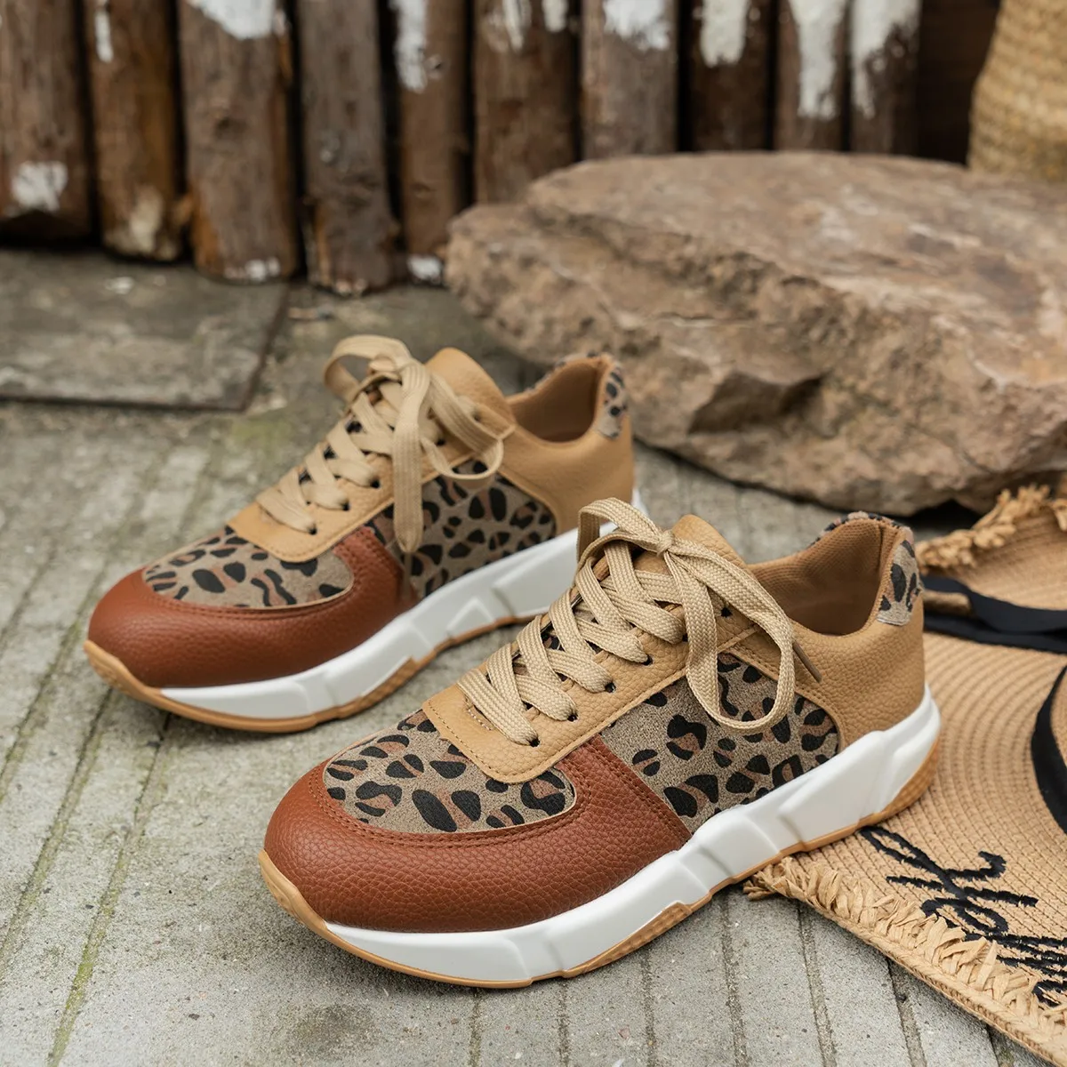Platform Sneakers Women 2023 Round Toe Low-top Leopard Wedge Shoes Women\'s Lace Up Socofy Casual Sports Shoes Size 36-43