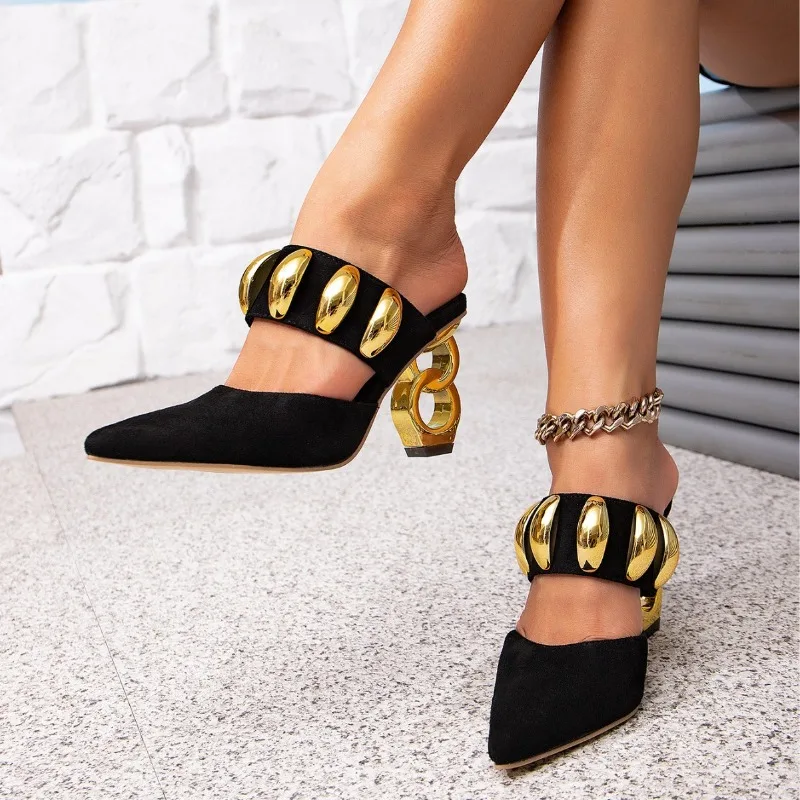 

Black High-heeled Sandal Shaped High-heeled Gold Button-down Party Fashion Empty Comfortable Simple Sandal for Women Designer