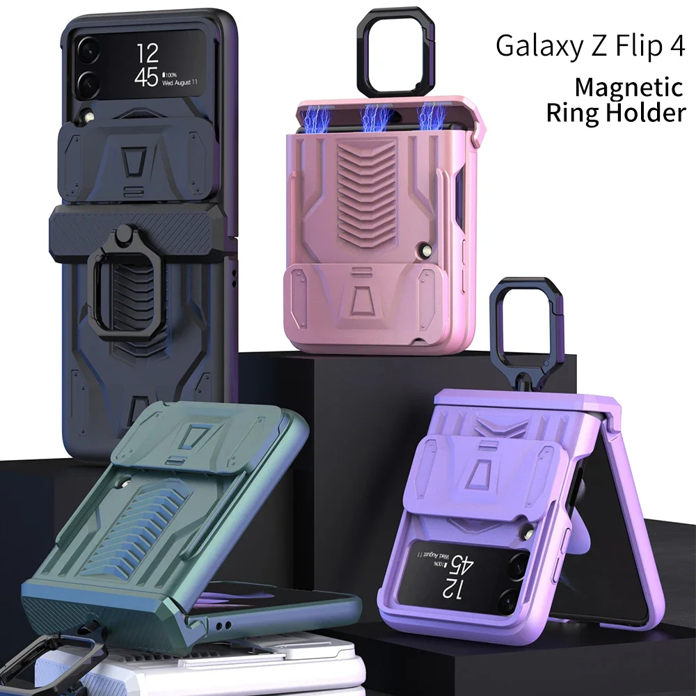 Magnetic Case with Push Window Camera Protector for Samsung Galaxy Z Flip 3, Shockproof Phone Cover, 4, 3, 5G, Key Ring