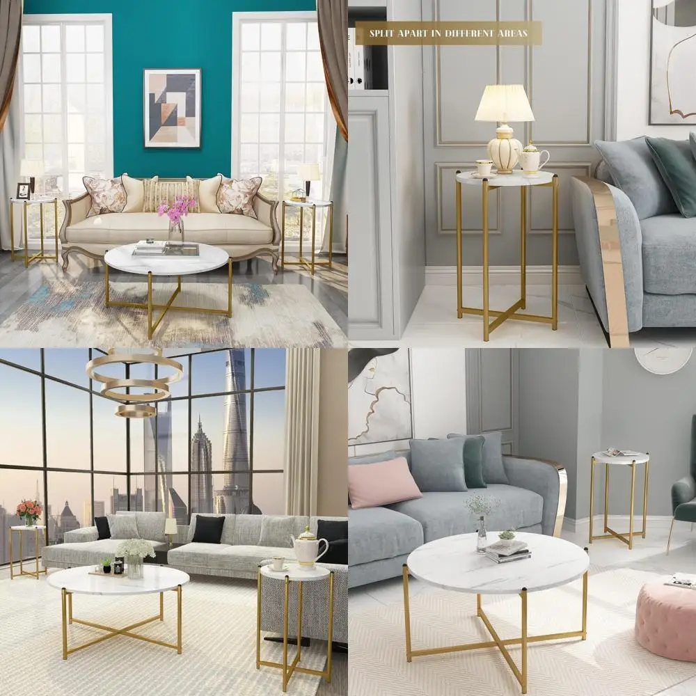 

Faux Marble Coffee Table Set - 1 Large Coffee Table and 2 Sofa Tables with Round Tops and Metal Frame for Living Room