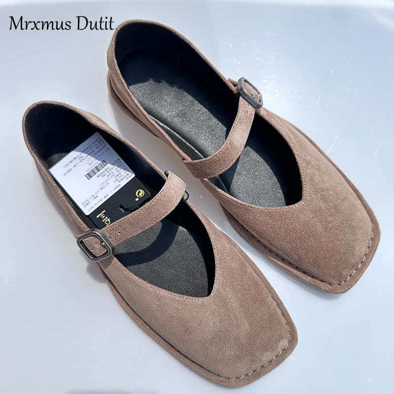 

Mrxmus Dutit Suede Leather Shallow Cut Flat Shoes 2024 New Retro Sand Yellow Ballet Shoes Minimalist Commuter Women's Shoes