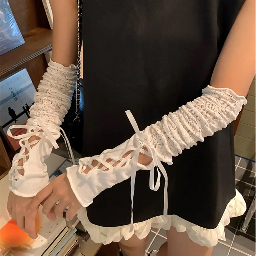 HOT Women Lolita Gloves Jk Lace Fingerless Gloves Elastic Arm Warmers Y2K Girl Sunscreen Sleeve DIY Strapping Sleeve Punk Gloves