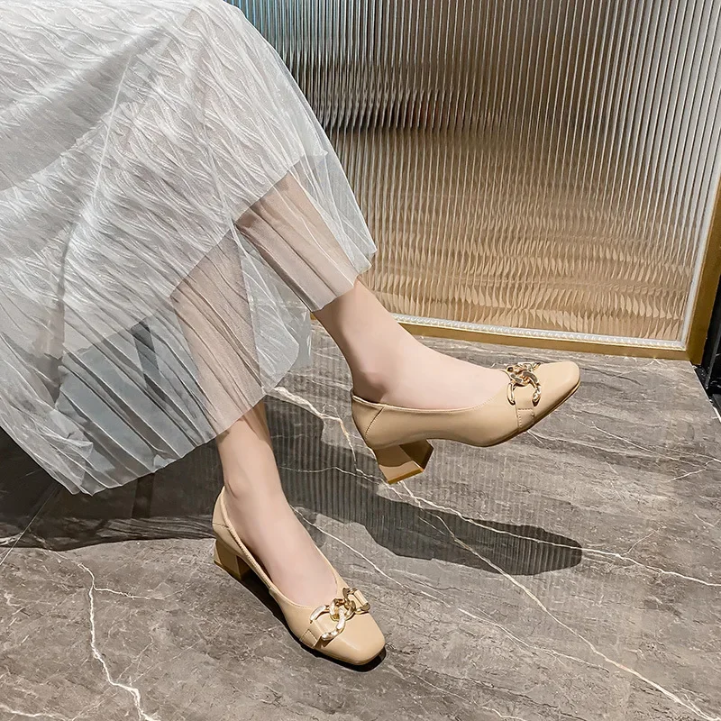 2024 Fashion Women Pumps Metal Decoration Square Toe 4.5CM Square Heel Spring New Mid Heel Shallow Mouth Square Head Women Shoes image 3