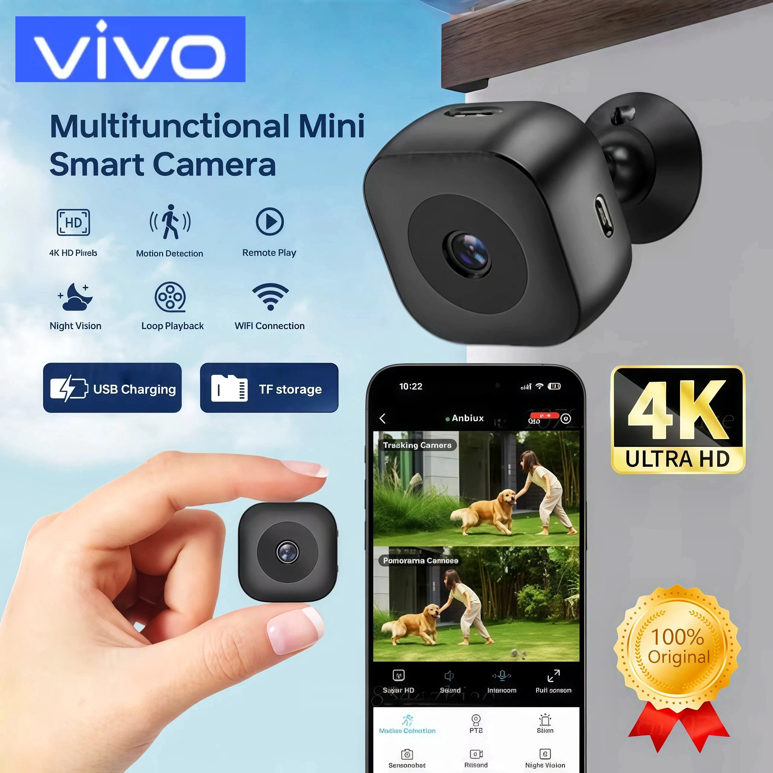 VIVO Security Camera 4K Mini Full Color Night Vision High Definition WiFi Monitor Waterproof Motion Detect Surveillance Home
