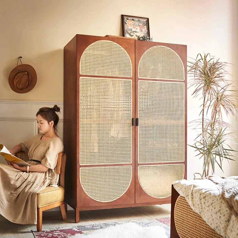 Nordic Vintage Wardrobe Rattan Solid Wood Bed & Breakfast Integrated Wall Locker Ash Wardrobe