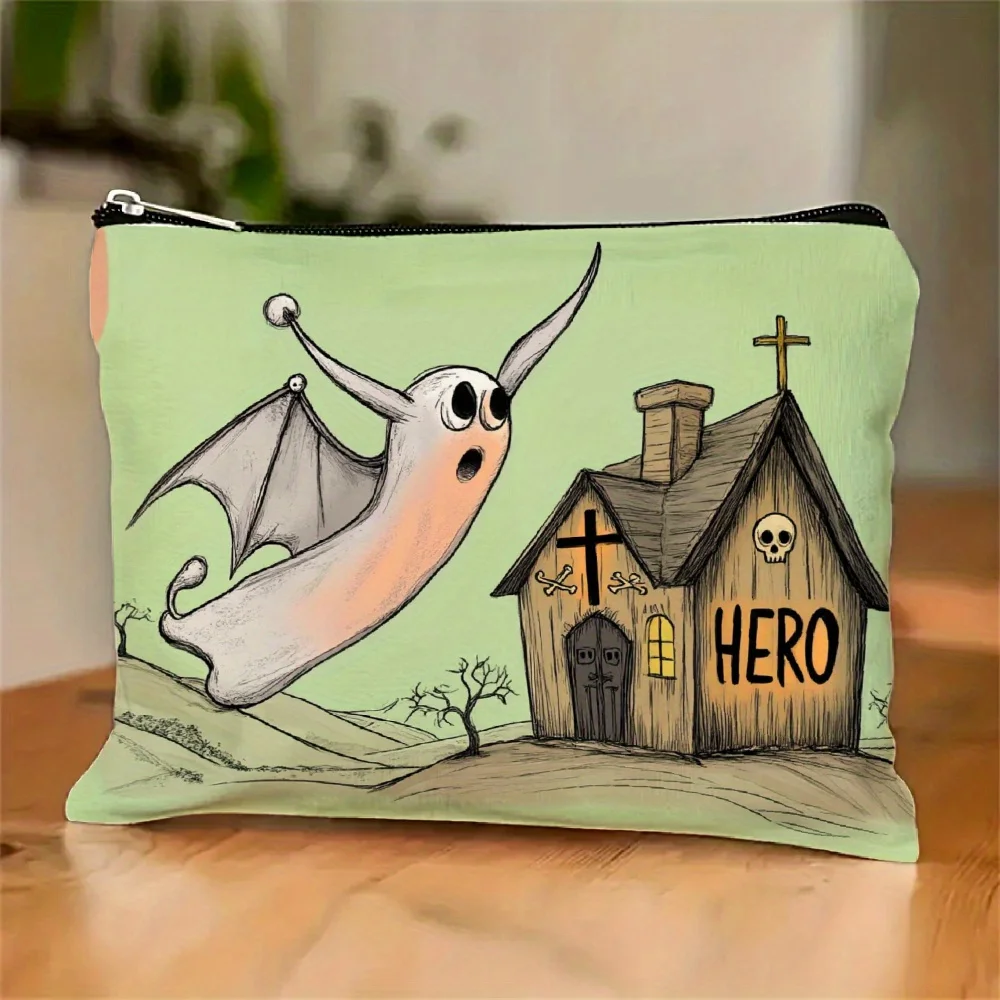 AGhost and Tombstone Cottage プリントメイクアップバッグ - 多機能ジッパーポーチ、ジュエリー収納バッグ、旅行に最適な小型ジッパーバッグ