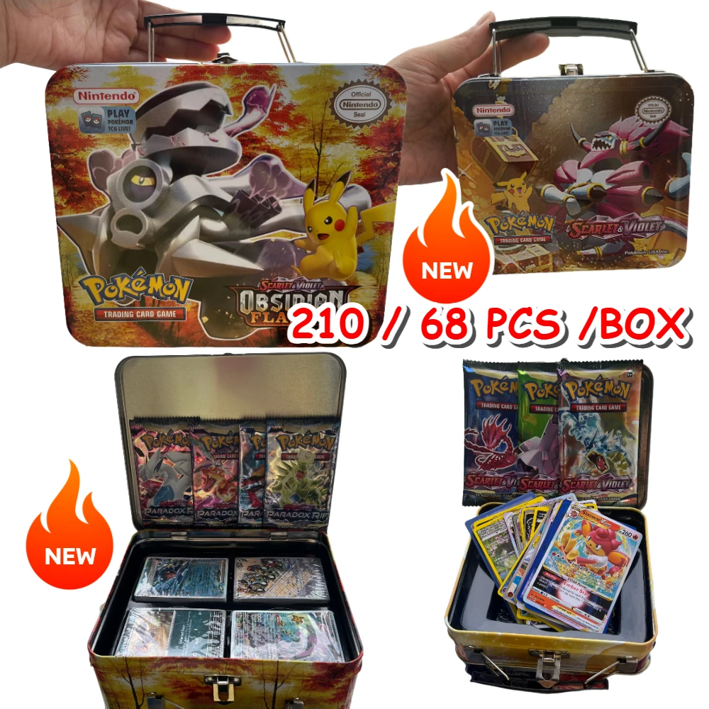 

68/210pcs Metal Box Iron Pokemon Collection Battle Toys Lost Origin Pokemons Box with Pikachu Game Anime Banking Cards for Kids