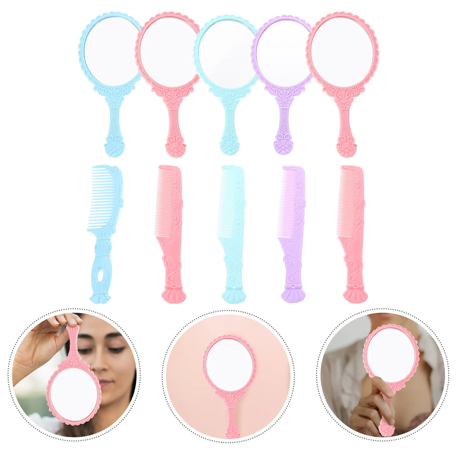 

5Sets Retro Vintage Handheld Makeup Mirror and Comb Portable Travel Mirror Lightweight Makeup Accessories Unique Style