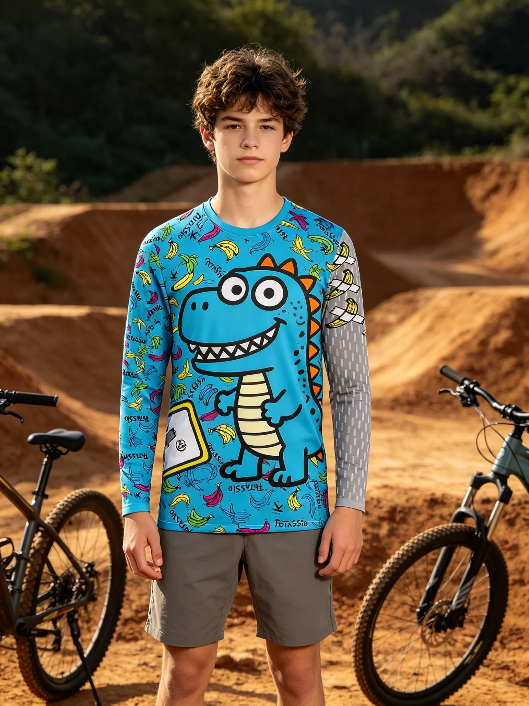 Kinder-T-Shirt, Damen-T-Shirt, Jungen-Oberteil, Erwachsene, Kinder, Eltern-Kind-Set, schnelltrocknend, Herren-Langarm-T-Shirt, Dinosaurier-Motiv, MTB, BMX, Radfahren. – Detail 4